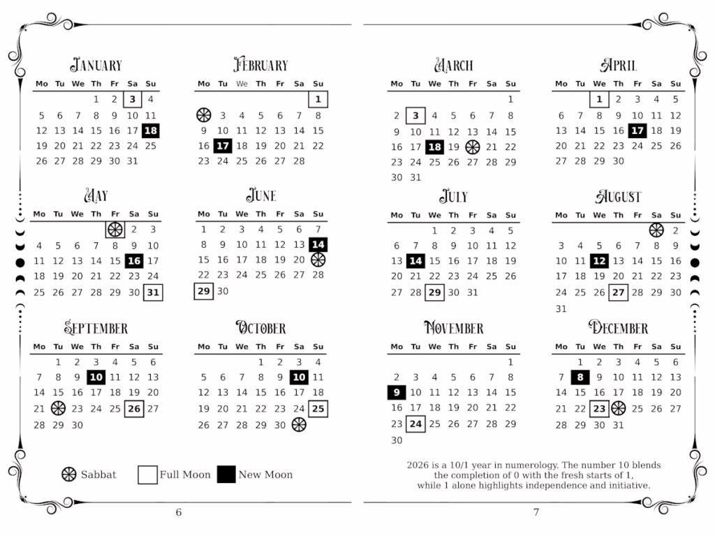 Year of Sabbats, full moons, new moon for 2026 practical witch's almanac